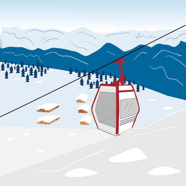 Funicular panorámico de la estación de esquí en las montañas nevadas