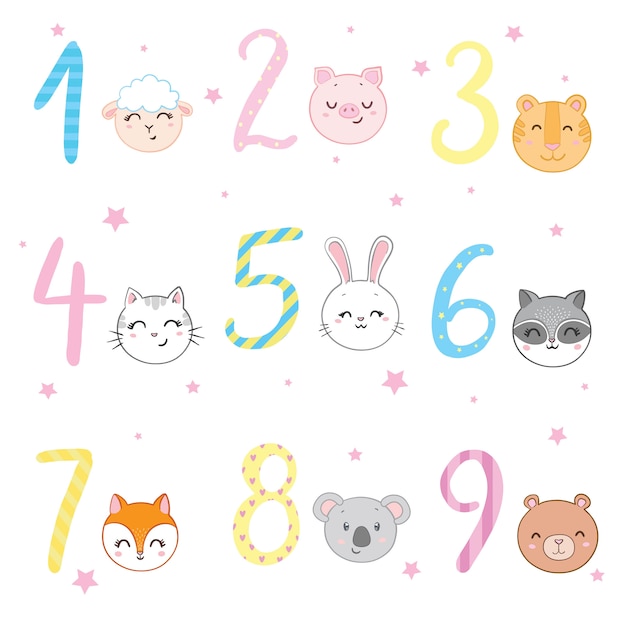 Funky animals standing next to digits set de pegatinas. estilizadas coloridas ilustraciones vectoriales planas para niños sobre fondo blanco,