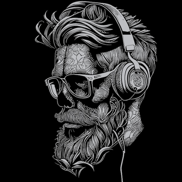 funky hipster cráneo con auriculares una ilustración moderna y vanguardista