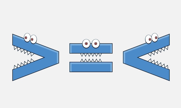 Funny Alligator Matemáticas Símbolos Ilustración vectorial mayor que menos que o igual a la señal educativa