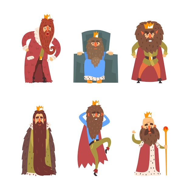 Funny Bearded King Personajes que llevan el manto de la corona dorada y con el conjunto vectorial del cetro