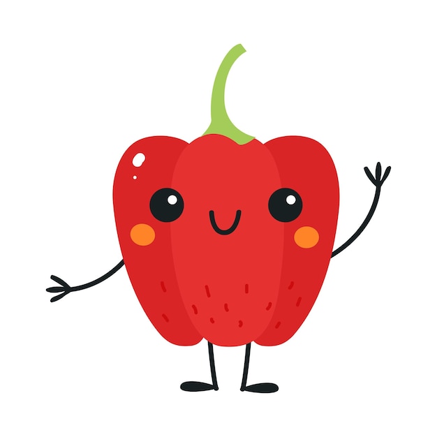 Funny Bell Pepper Personaje vegetal con cara sonriente y brazo agitando la mano Ilustración vectorial