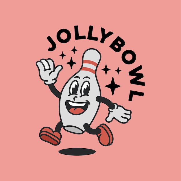 Funny Bowling Pin Personaje de dibujos animados saltando y sonriendo Ilustración de estilo deportivo retro