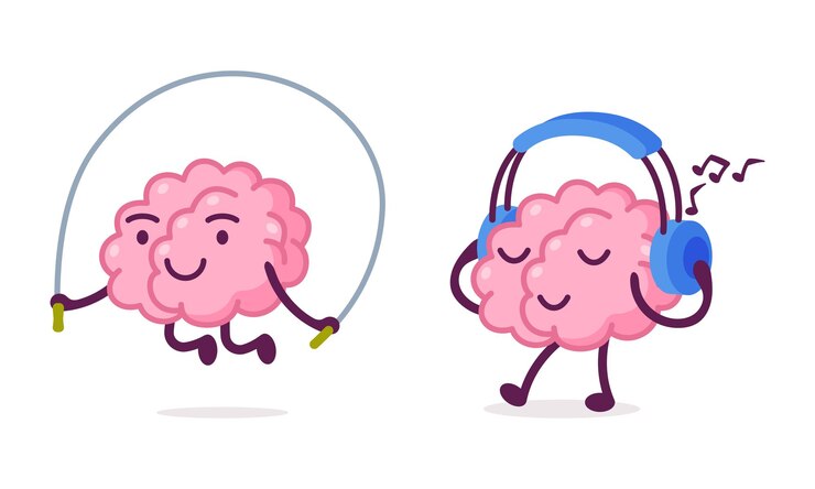 Vector funny brain character saltando la cuerda y escuchando música con auriculares conjunto vectorial
