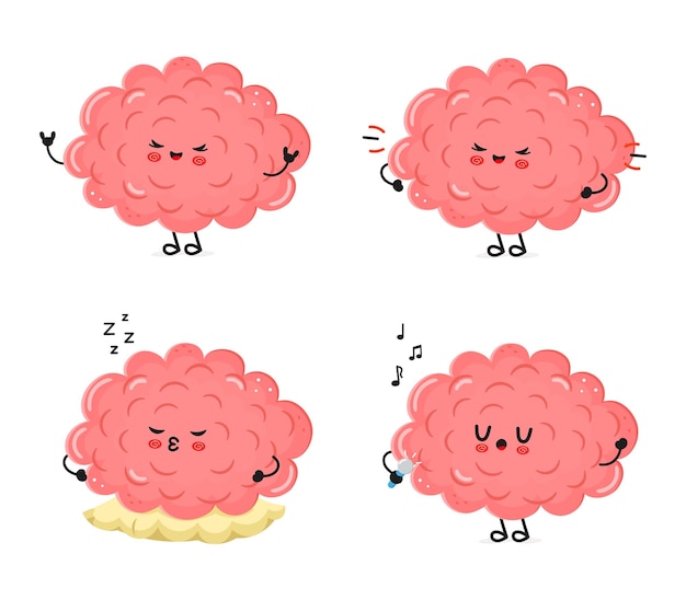 Funny brain characters bundle set vector hand drawn doodle style cartoon character illustration icon (conjunto de personajes de dibujos animados dibujados a mano)