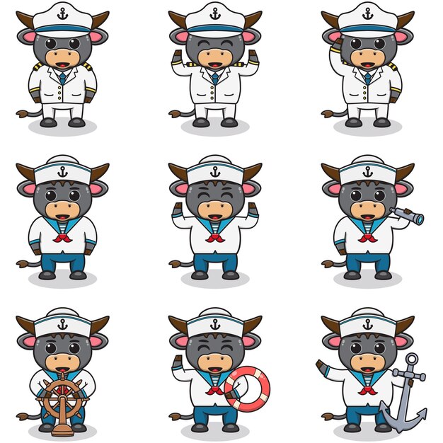 Funny Buffalo sailors set Cute Buffalo personajes en la ilustración vectorial de dibujos animados del capitán cap