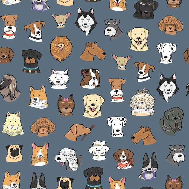 Funny cabezas de perro colección de razas ilustraciones patrón sin costuras