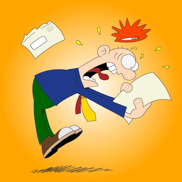 Funny Cartoon Doodle Personaje que reacciona a las noticias estresantes Ilustración vectorial