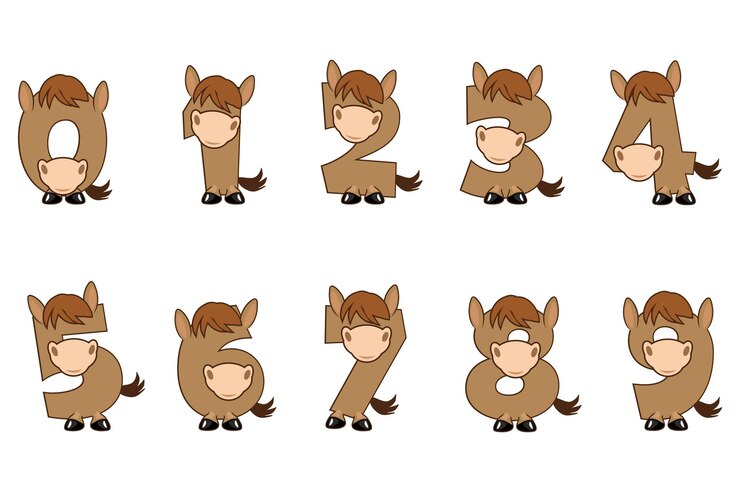 Vector funny character horse numbers figures 09 caricatura de números con un concepto de animal caligrafía letras tipografía para sus tarjetas de educación o juego