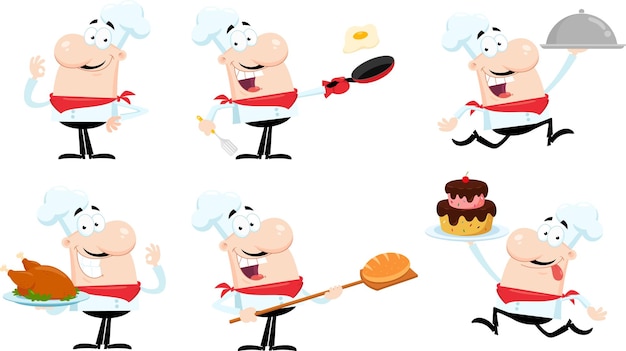 Vector funny chef man personaje de dibujos animados conjunto de diseño plano vectorial