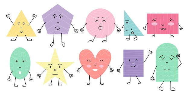 Funny coloridas figuras geométricas básicas caracteres con caras conjunto formas geométrica vectorial caras conjunto