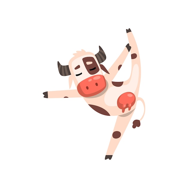 Funny cow farm animal personaje de dibujos animados haciendo ejercicio físico vector Ilustración aislada en un fondo blanco
