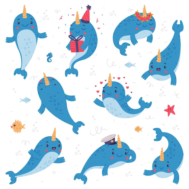Funny cute baby narwhal set Animales de dibujos animados de mamíferos marinos en diferentes actividades cotidianas Ilustración vectorial