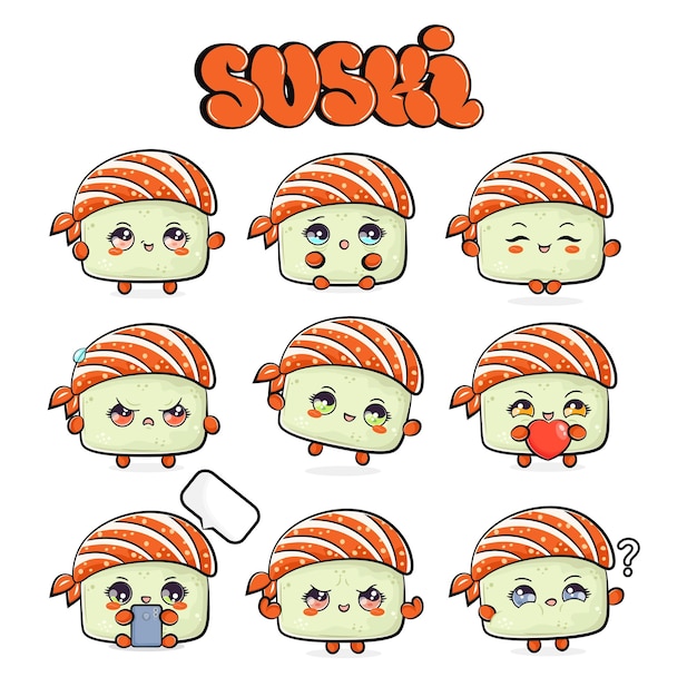 Funny cute happy sushi personajes paquete conjunto vectorial dibujado a mano doodle estilo personaje de dibujos animados