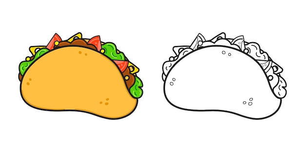 Funny cute happy taco personajes paquete conjunto vectorial dibujado a mano dibujado de dibujos animados kawaii personaje ilustración