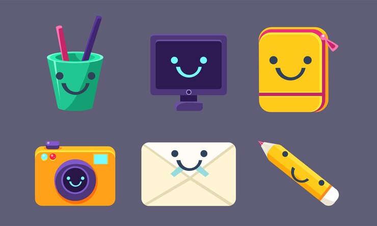 Vector funny cute school stationery characters set pluma y lápices contenedor de computadora cámara de cámara sobre ilustración vectorial