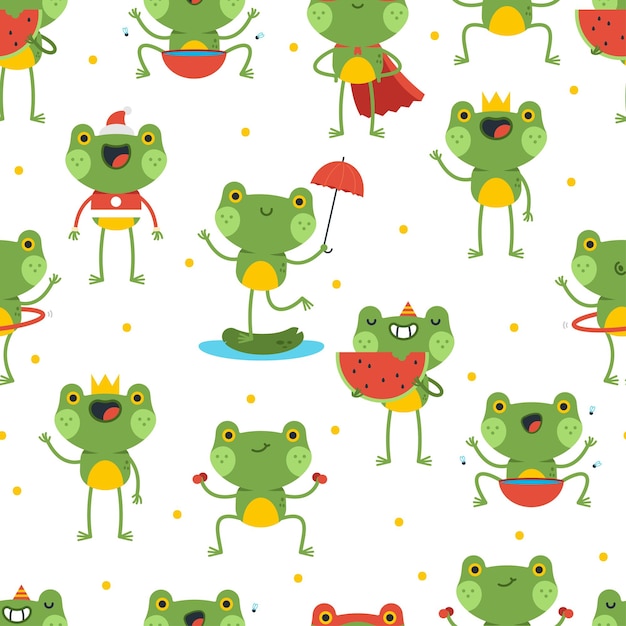 Vector funny frogs personajes de dibujos animados vectoriales fondo de patrón sin costuras