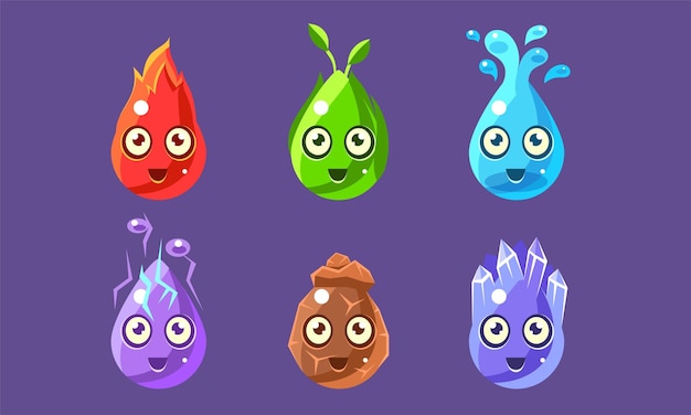 Funny Glossy Shapes Characters Set Cute Colorful Nature Elements Interface Assets para aplicaciones móviles o videojuegos Ilustración vectorial