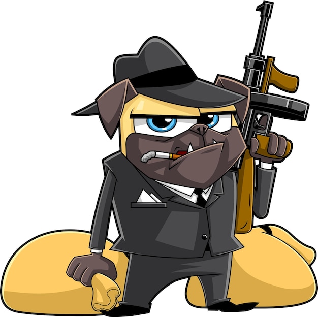 Funny Mafia Pug Dog Cartoon Character Holding Gun and Money Bags