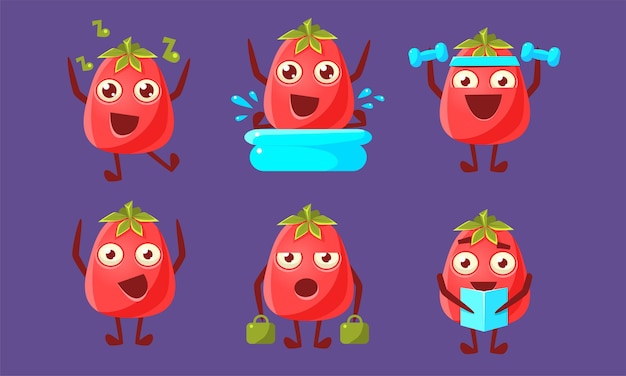 Funny Mature Tomato Characters Set Cute Vegetable en diferentes posturas y varias emociones Ilustración vectorial