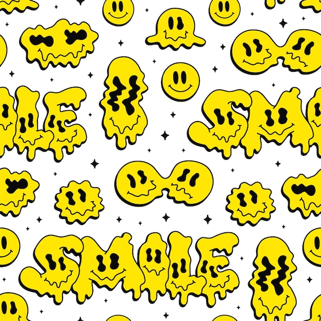 Funny melt warp sonrisa caras emoji psicodélico patrón sin fisurasvector ilustración de personaje de dibujos animados frescosonrisa caras gráficomeltaciddrugs60s70s90s trippy seamless pattern wallpaper print art