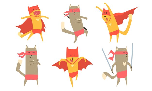 Funny Ninja Dog y Cat Characters Set Cute Superhero Animals Ilustración vectorial en fondo blanco