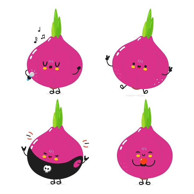 Funny onion characters bundle set vector hand drawn doodle style cartoon character illustration icon (Iconos de personajes de dibujos animados dibujados a mano)