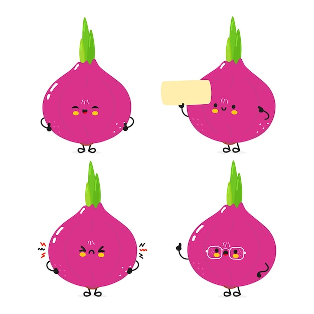 Funny onion characters bundle set vector hand drawn doodle style cartoon character illustration icon (Iconos de personajes de dibujos animados dibujados a mano)