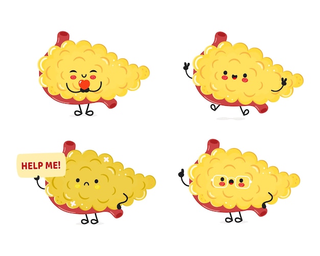 Funny pancreas personajes paquete de set vectorial dibujado a mano estilo doodle ilustración de personajes de dibujos animados