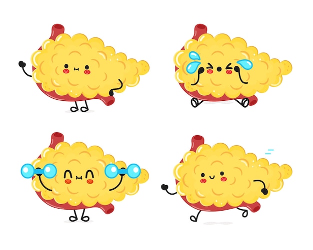 Funny pancreas personajes paquete de set vectorial dibujado a mano estilo doodle ilustración de personajes de dibujos animados