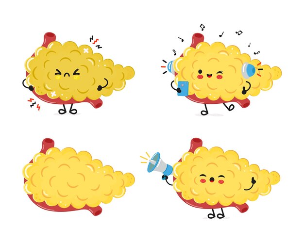 Funny pancreas personajes paquete de set vectorial dibujado a mano estilo doodle ilustración de personajes de dibujos animados