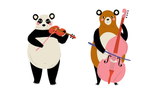 Funny Panda y Bear Character tocando el violín y el violonchelo realizando un conjunto vectorial de conciertos