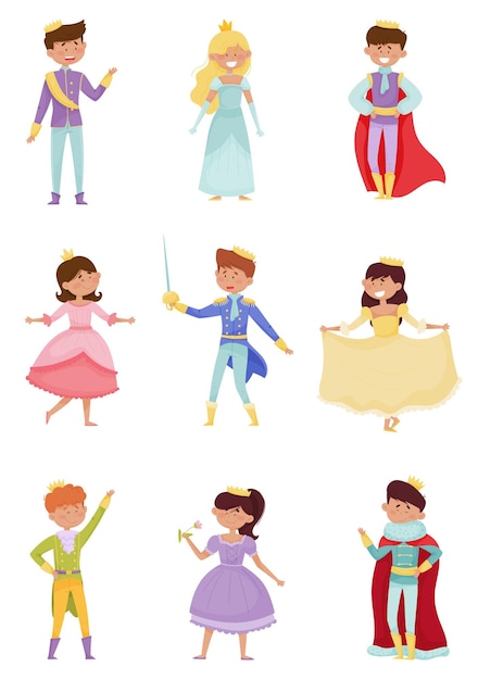 Funny pequeños príncipes y princesas que llevan corona y vestidos vestidos set de ilustraciones vectoriales
