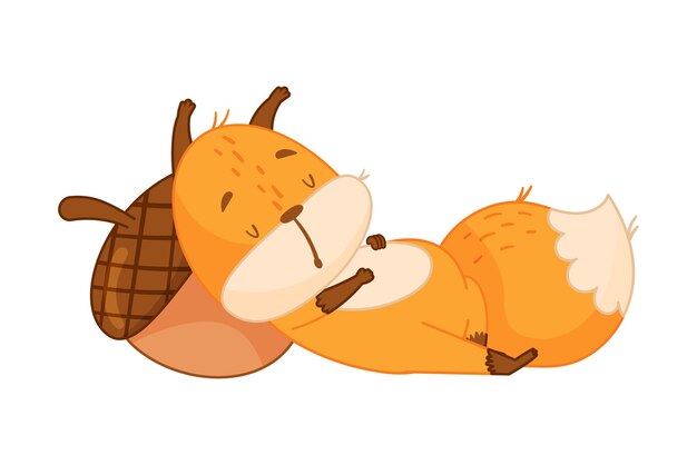 Funny personaje de ardilla naranja con cola espesa durmiendo con la cabeza en la ilustración vectorial de bellota