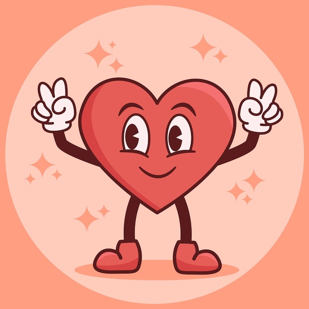 Funny personaje de dibujos animados en estilo groovy personaje de corazón ilustración vectorial de color rojo