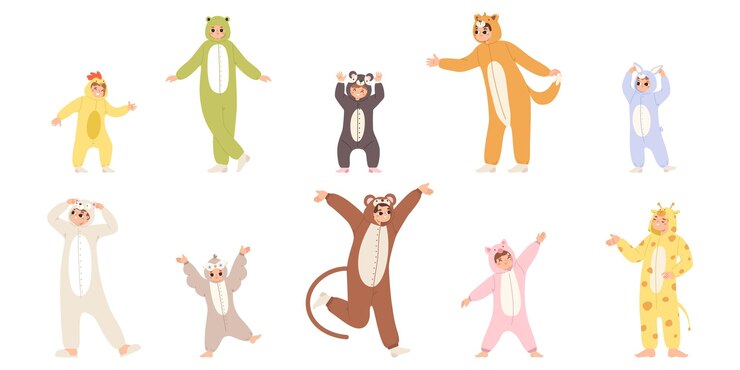 Vector funny personajes de pijama felices adultos y niños con animales pijama disfraces de halloween fiesta de navidad casa de dibujos animados cómodo conjunto vectorial