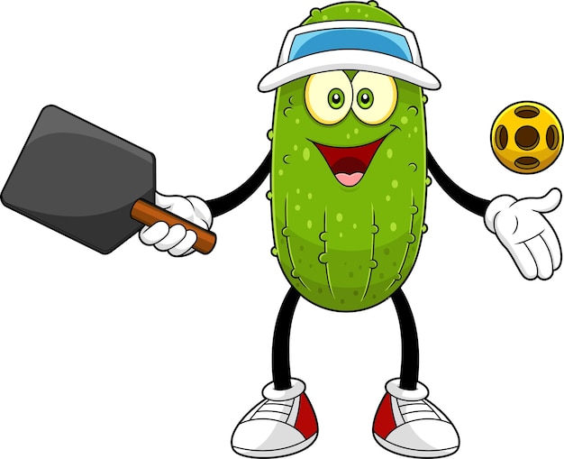 Funny Pickle personaje de dibujos animados jugando pickleball deporte