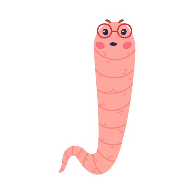 Funny Pink Worm Character con cuerpo de tubo largo en gafas con ilustración vectorial de cara fruncida
