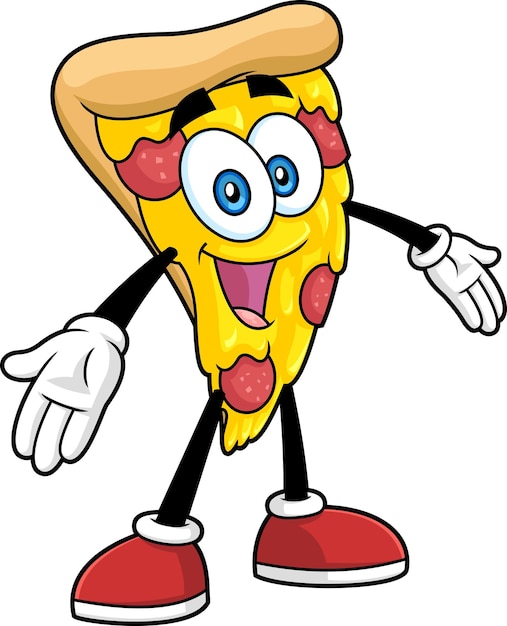 Funny Pizza Slice personaje de dibujos animados con los brazos abiertos para abrazar