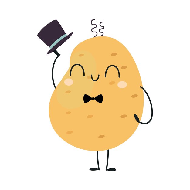 Funny Potato Vegetable Character con cara sonriente y brazo quitándose el sombrero Vector Ilustración