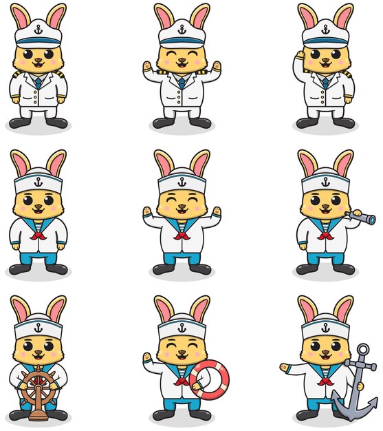 Funny Rabbit sailors set Cute Rabbit personajes en la ilustración vectorial de dibujos animados del capitán cap
