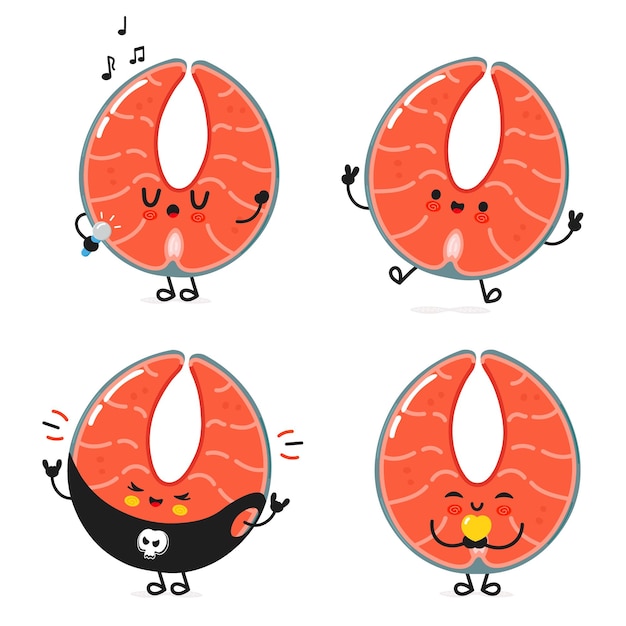 Funny red fish salmon personajes bundle set vector dibujado a mano doodle estilo personaje de dibujos animados