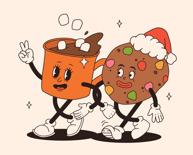 Funny Retro dibujos animados personajes de Navidad en los años 50 60 70 estilo vintage feliz año nuevo mascota con café caliente cacao pan de jengibre pastel de Papá Noel presente Xmas personajes vintage