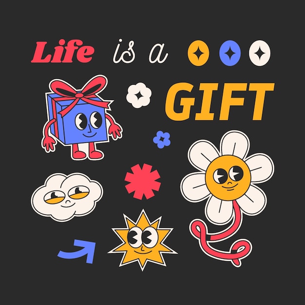 Funny retro y groovy personaje de dibujos animados y2k con la vida es un regalo cita motivacional