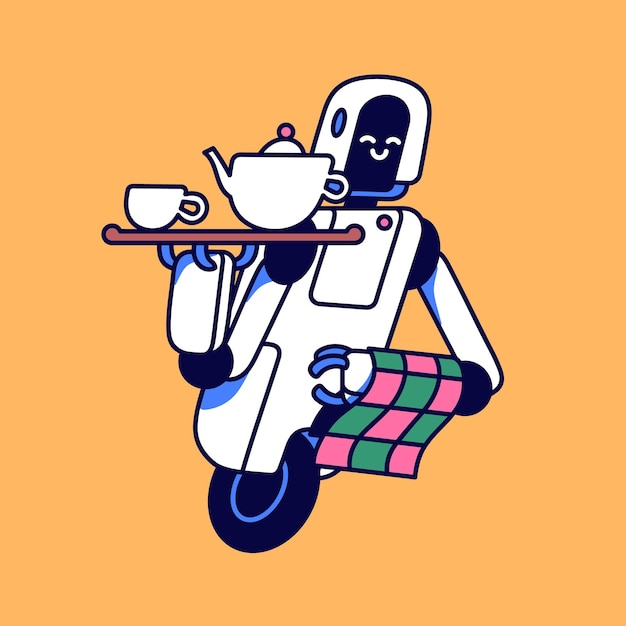 Funny robot camarero llevando café té moderna computadora mayordomo sostener toalla en la mano programa de máquina linda con bandeja servicio de sirviente eléctrico en el restaurante cafetería ilustración de vector aislado plano