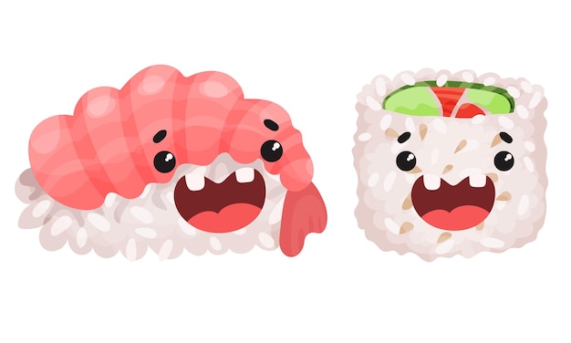 Funny Sushi y Maki con caras sonrientes Conjunto vectorial