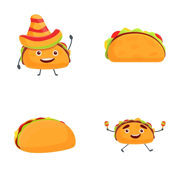 Funny taco iconos conjunto de dibujos animados vector lindo dibujos caricaturados de comida rápida tacos personaje