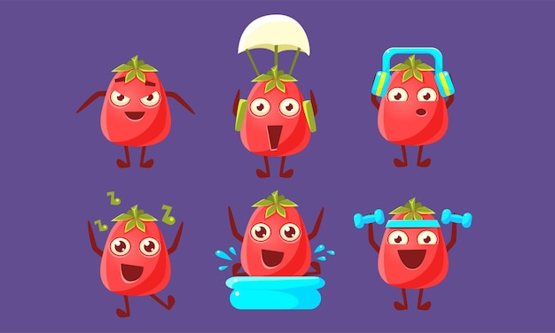 Vector funny tomato set caracteres vegetales lindos en diferentes posturas y varias emociones ilustración vectorial