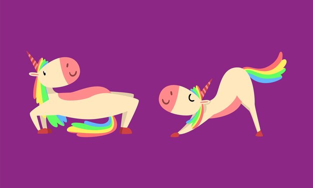 Funny Unicorn Character con melena y cola de arco iris practicando ejercicios de yoga Conjunto vectorial