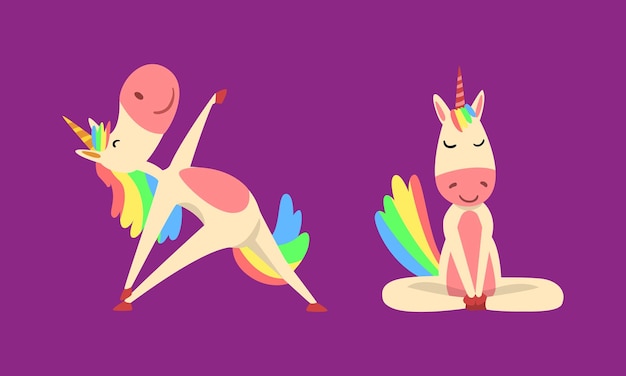 Funny Unicorn Character con melena y cola de arco iris practicando ejercicios de yoga Conjunto vectorial